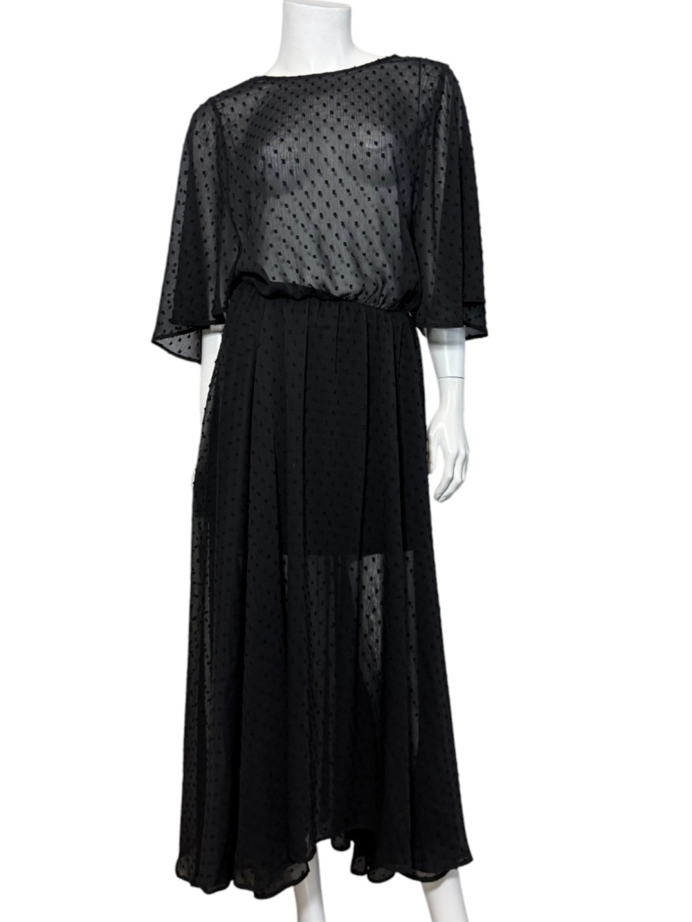 MIKUTA Black Sheer Swiss Dot Kimono Sleeve Maxi Dress Size M NWT